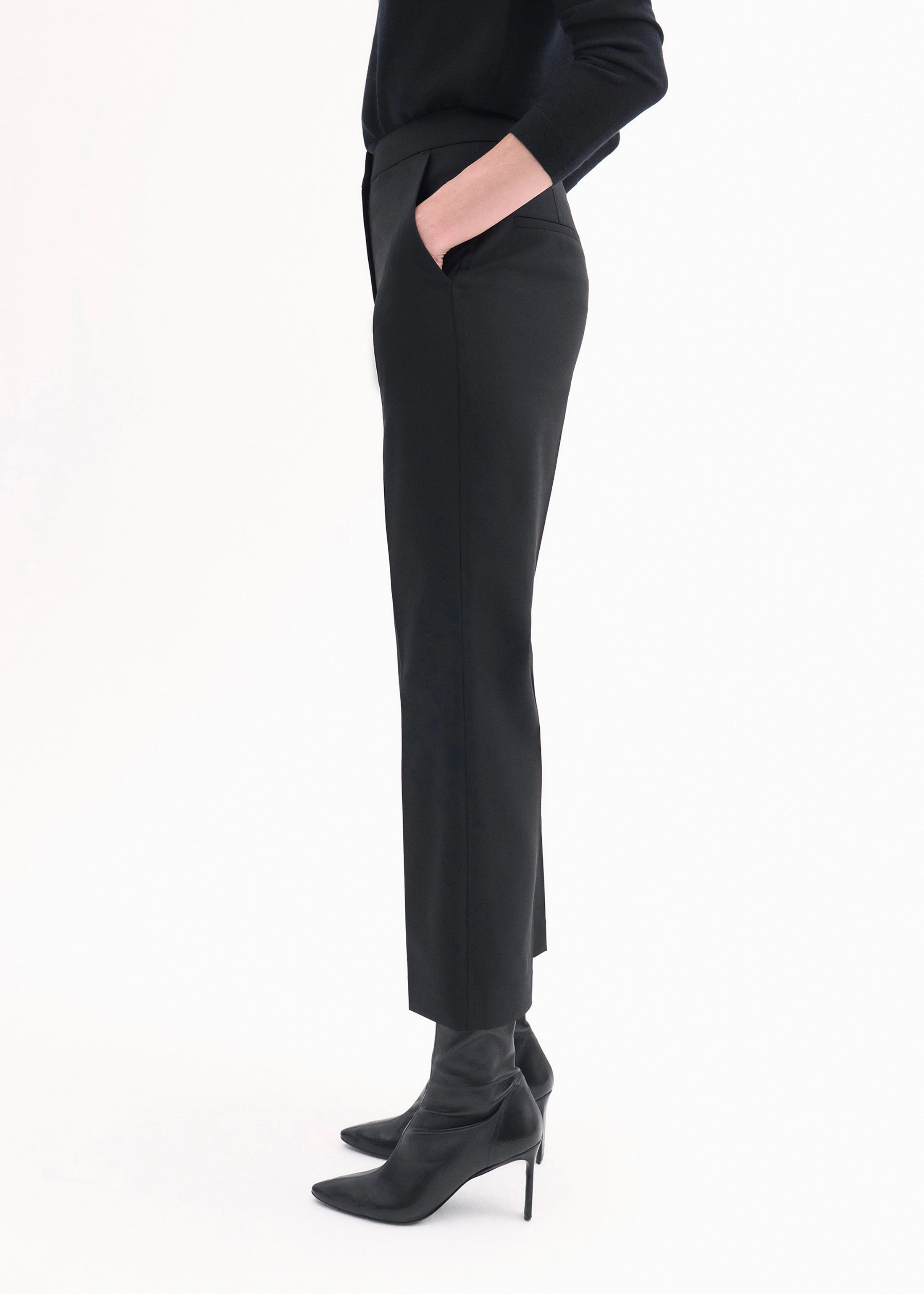 Cropped Cigarette Trouser in Virgin Wool - Black