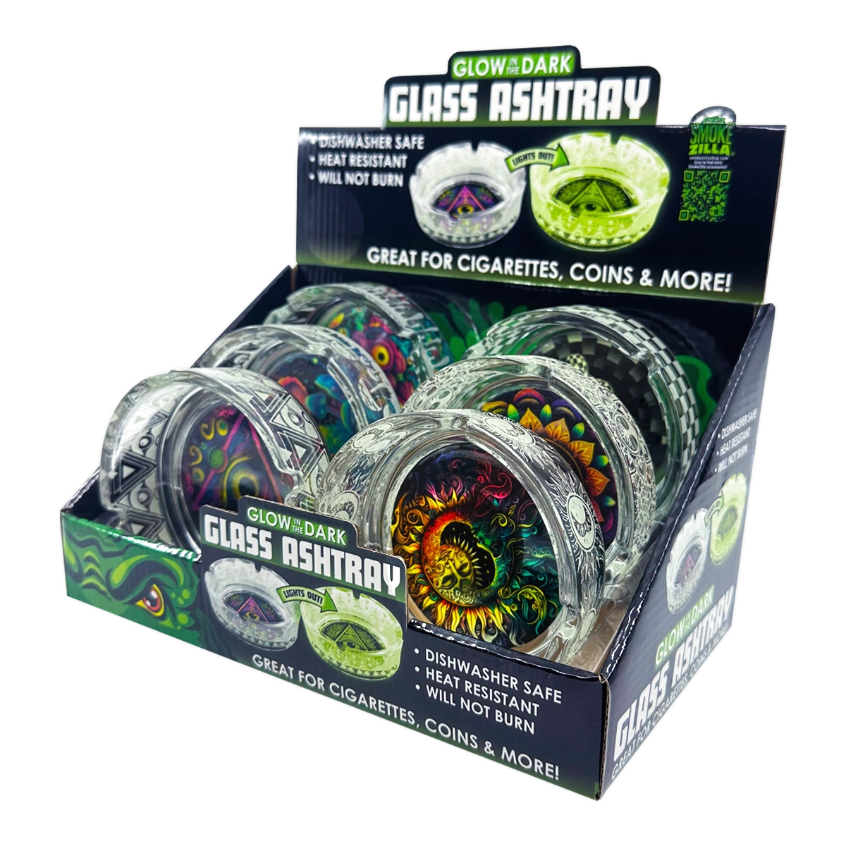 Glow in The Dark Glass Ashtray - 6 Pieces Per Retail Ready Display 25136