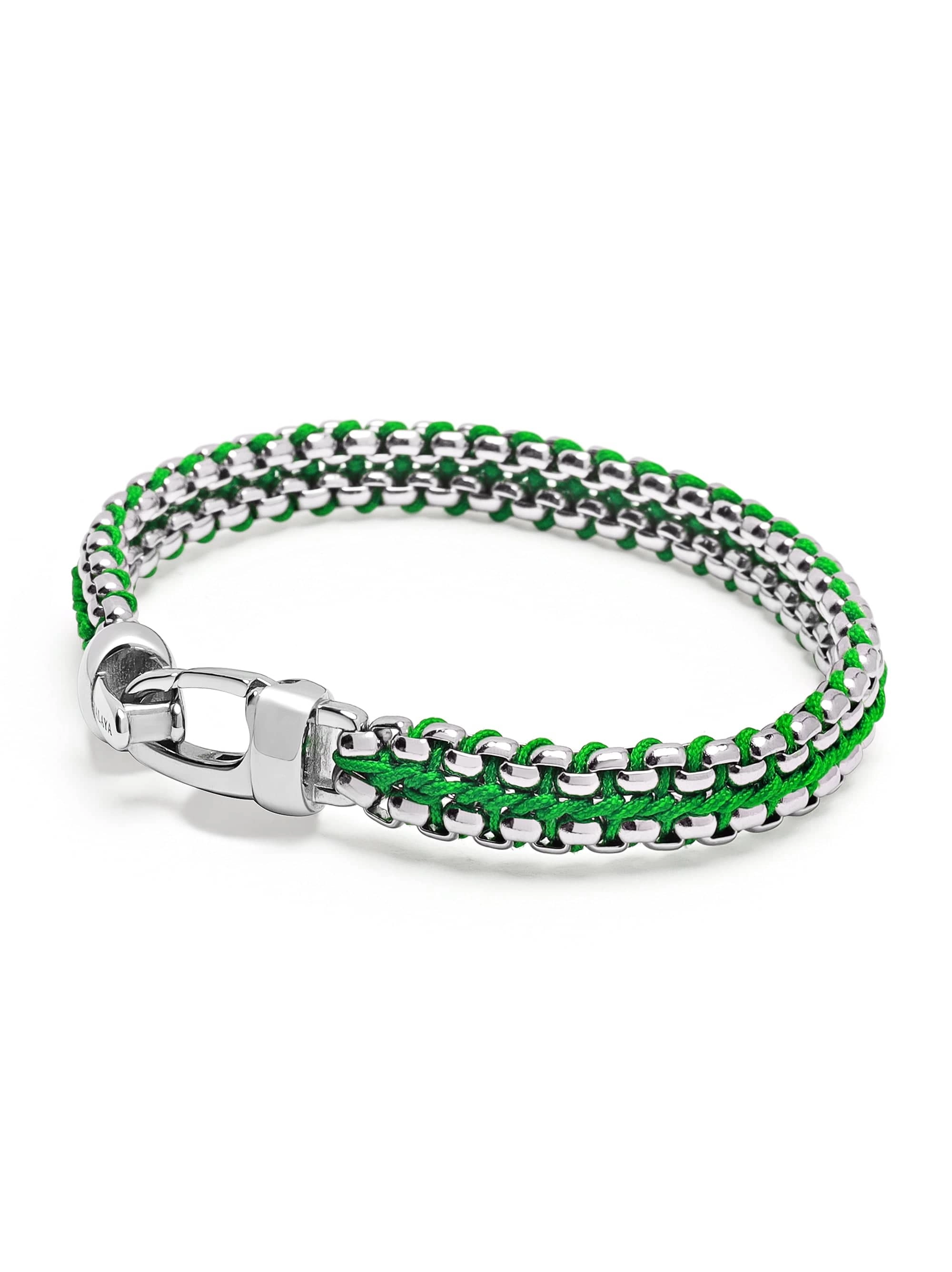 Men's Green Woven 8mm Box Chain Bracelet in Silver