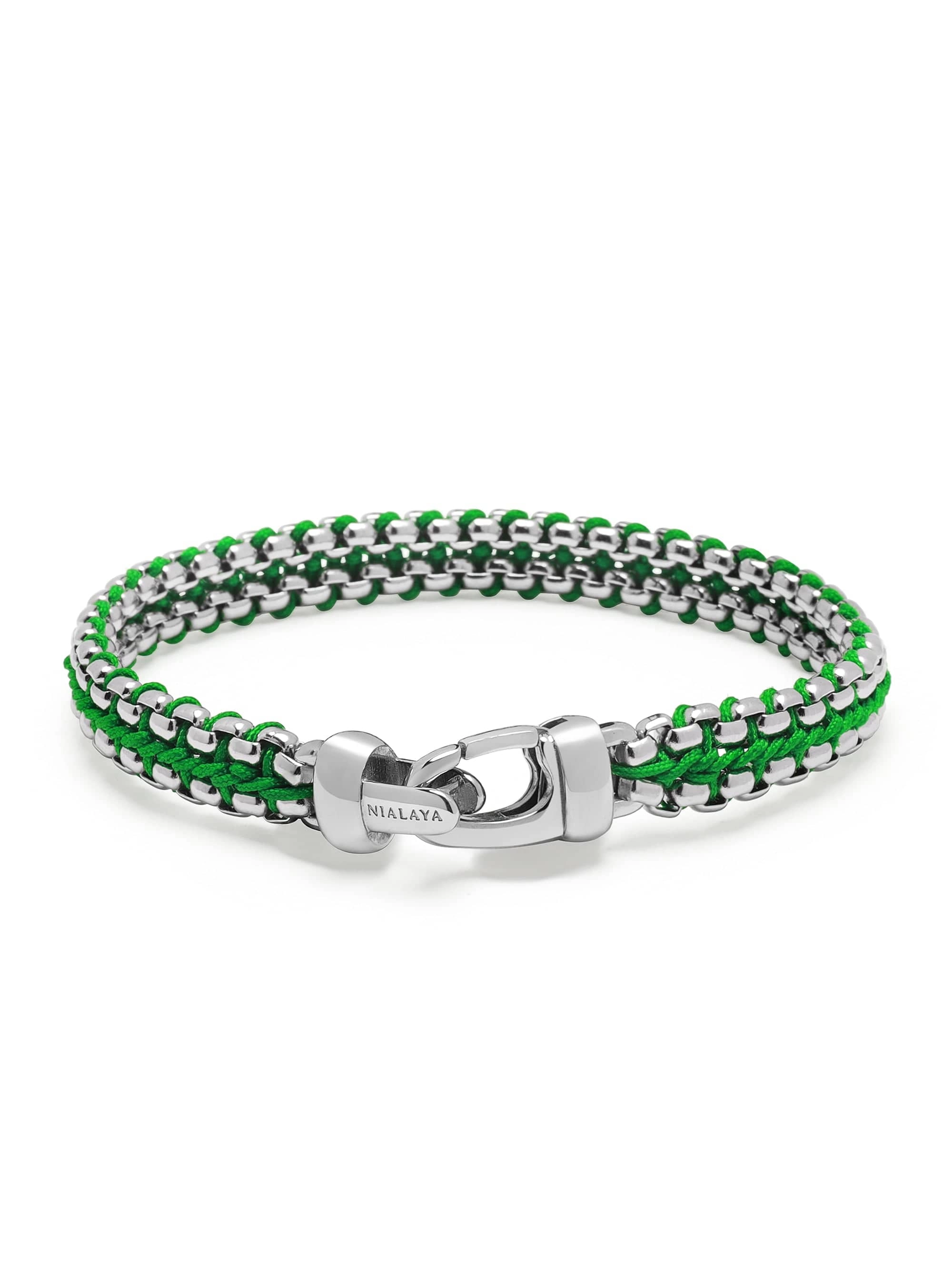 Men's Green Woven 8mm Box Chain Bracelet in Silver