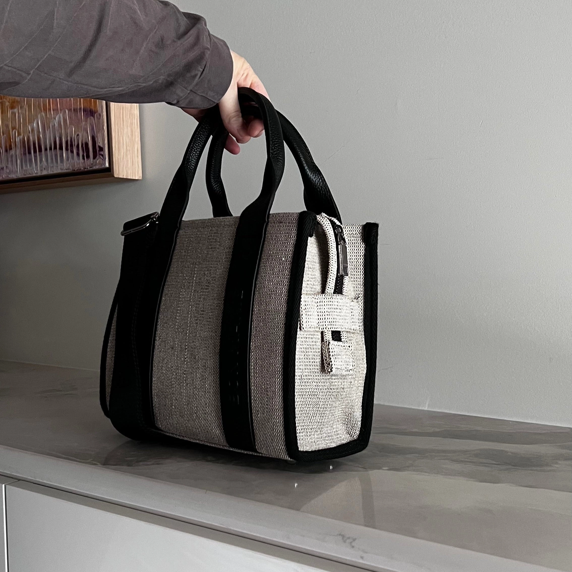 Micro Bon Vivant Structured Tote Bag -- Jute Black Leather